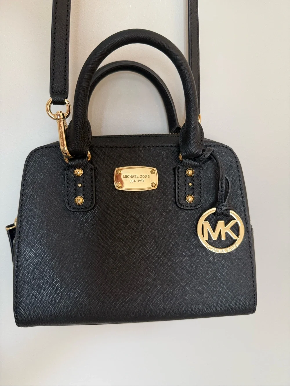 MICHAEL Michael Kors Black Saffiano Leather Satchel with Gold Hardware